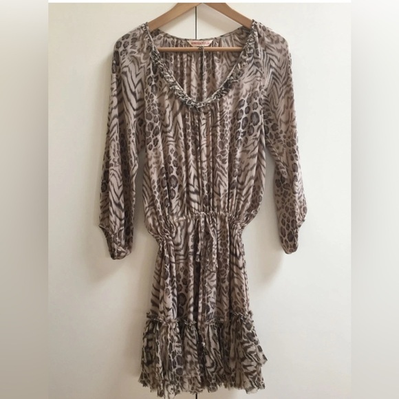 EUC Vintage Rebecca Taylor Animal Print Silk Dress Boho Ruffles Neutral SZ 2 - Picture 3 of 12